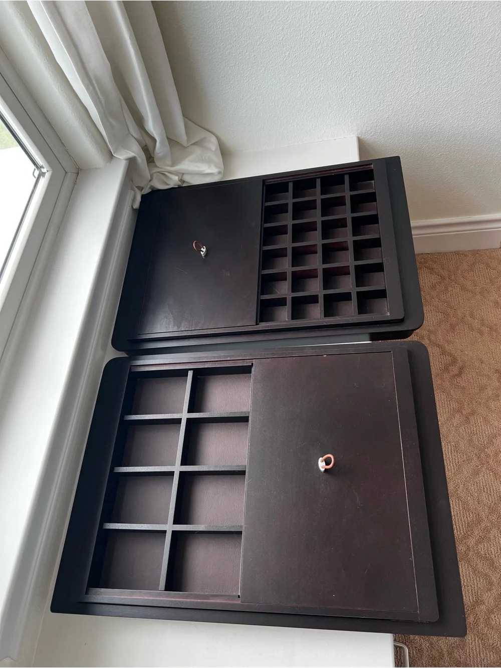 Elfa Built In Dark Brown Wood Jewelry Organizer with Sliding Lid